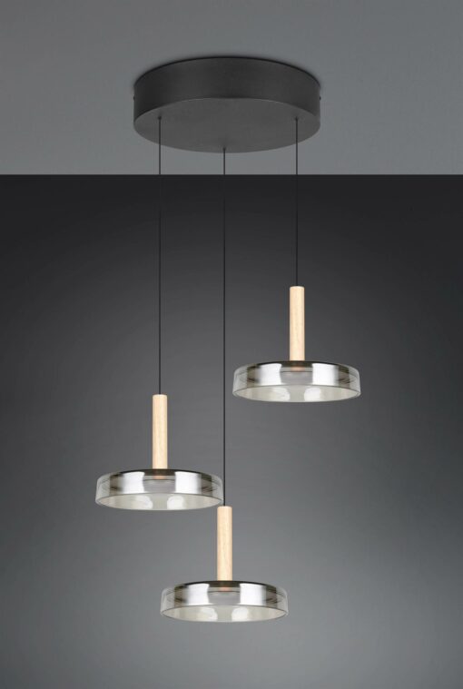 Κρεμαστό Φωτιστικό Ροζέτα με 3 Σποτ Ξύλο+Φιμέ Γυαλί CELESTE LED 22.5W 2250lm Step Dimmable 3000Κ Trio Lighting – 354930332