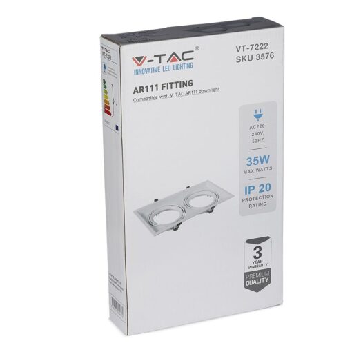 Χωνευτή Βάση 2xAR111 V-TAC Ρυθμιζόμενη Λευκή Αλουμίνιο – 3576