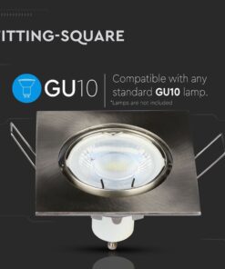 Τετράγωνο κάλυμμα GU10 για προβολείς, συμβατό με λάμπες GU10, σε μοντέρνο ανοξείδωτο φινίρισμα.