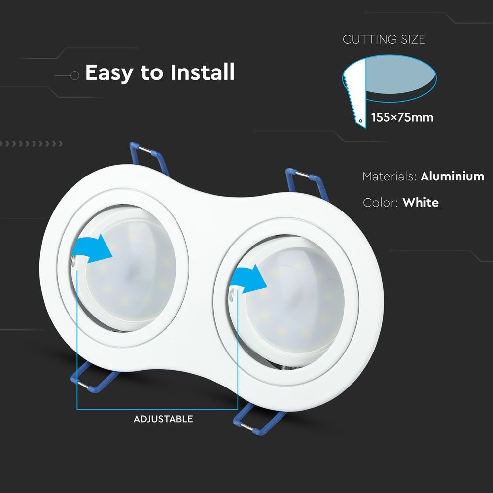 Διπλό σποτ φωτιστικό οροφής, λευκό αλουμίνιο, ρυθμιζόμενο, ευκολία εγκατάστασης, διαστάσεις κοπής 155x75mm.