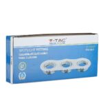 Συσκευασία σποτ φωτιστικού V-TAC GU10, τριπλής θέσης, εξοικονόμηση 80% ενέργειας, 2 χρόνια εγγύηση.