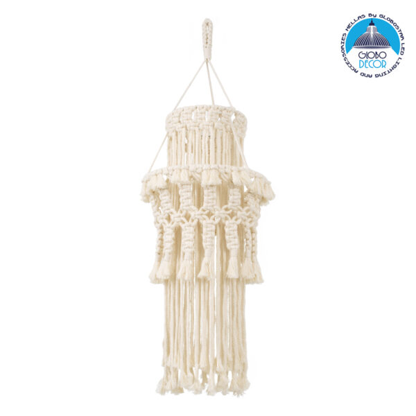 GloboStar® 36200 ETHIOPIA Καπέλο Φωτιστικού Boho – Μακραμέ Πλεκτό Χειροποίητο Μπεζ Υφασμάτινο με Σχοινί Φ30 x Υ90cm
