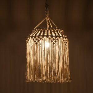 GloboStar® ALGERIA 36202 Boho – Μακραμέ – Macrame Κρεμαστό Φωτιστικό Οροφής Μονόφωτο 1 x E27 Πλεκτό Χειροποίητο Μπεζ Υφασμάτινο με Σχοινί Φ40 x Υ50cm