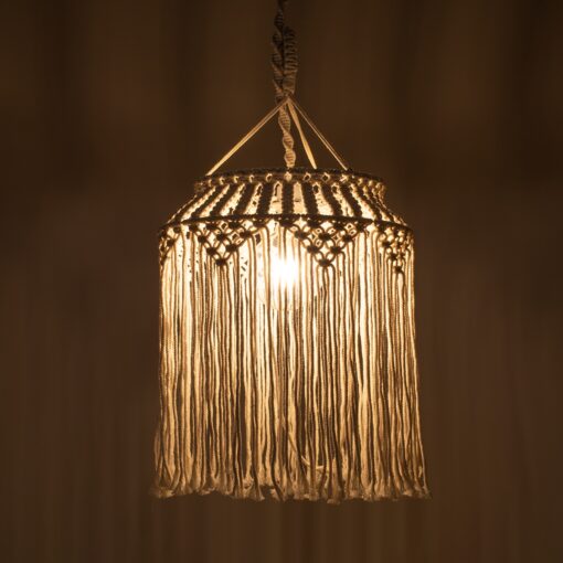 GloboStar® ALGERIA 36202 Boho – Μακραμέ – Macrame Κρεμαστό Φωτιστικό Οροφής Μονόφωτο 1 x E27 Πλεκτό Χειροποίητο Μπεζ Υφασμάτινο με Σχοινί Φ40 x Υ50cm