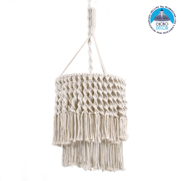 GloboStar® ALGERIA 36204 Boho – Μακραμέ – Macrame Κρεμαστό Φωτιστικό Οροφής Μονόφωτο 1 x E27 Πλεκτό Χειροποίητο Μπεζ Υφασμάτινο με Σχοινί Φ30 x Υ40cm