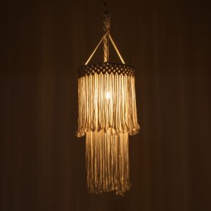 GloboStar® ZAMBIA 36208 Boho – Μακραμέ – Macrame Κρεμαστό Φωτιστικό Οροφής Μονόφωτο 1 x E27 Πλεκτό Χειροποίητο Μπεζ Υφασμάτινο με Σχοινί Φ30 x Υ60cm