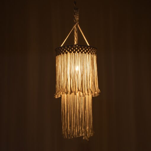 GloboStar® ZAMBIA 36208 Boho – Μακραμέ – Macrame Κρεμαστό Φωτιστικό Οροφής Μονόφωτο 1 x E27 Πλεκτό Χειροποίητο Μπεζ Υφασμάτινο με Σχοινί Φ30 x Υ60cm