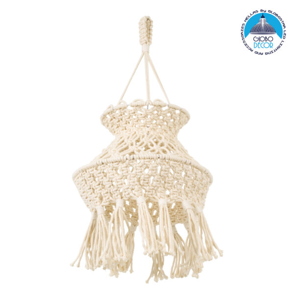 GloboStar® 36212 LIBYA Καπέλο Φωτιστικού Boho – Μακραμέ Πλεκτό Χειροποίητο Μπεζ Υφασμάτινο με Σχοινί Φ30 x Υ50cm