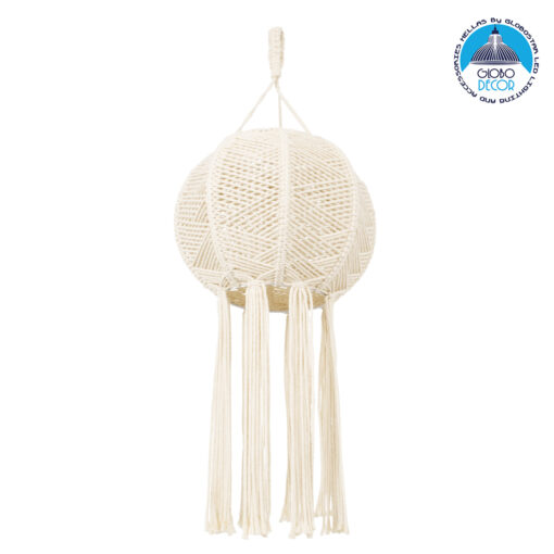 GloboStar® 36214 EGYPT Καπέλο Φωτιστικού Boho – Μακραμέ Πλεκτό Χειροποίητο Μπεζ Υφασμάτινο με Σχοινί Φ30 x Υ75cm
