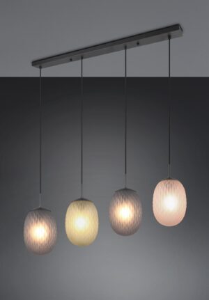 Κρεμαστό Πολύφωτο Ράγα Μαύρο Ματ με Πράσινο-Φιμέ-Μελί Ανάγλυφο Γυαλί FACETTE 4xE27 Trio Lighting – 364200417