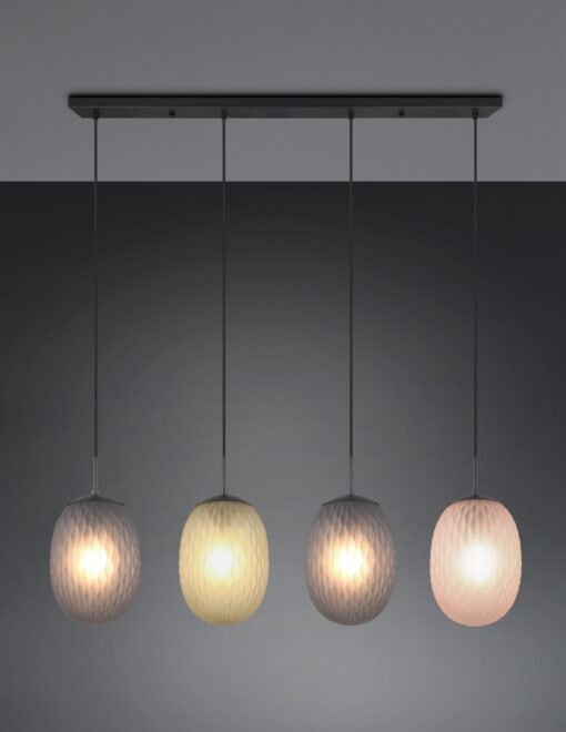 Κρεμαστό Πολύφωτο Ράγα Μαύρο Ματ με Πράσινο-Φιμέ-Μελί Ανάγλυφο Γυαλί FACETTE 4xE27 Trio Lighting – 364200417