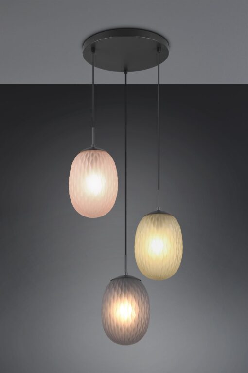 Κρεμαστό Πολύφωτο Ροζέτα Μαύρο Ματ με Πράσινο-Φιμέ-Μελί Ανάγλυφο Γυαλί FACETTE 3xE27 Trio Lighting – 364230317