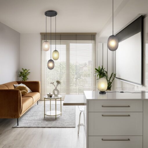 Κρεμαστό Πολύφωτο Ροζέτα Μαύρο Ματ με Πράσινο-Φιμέ-Μελί Ανάγλυφο Γυαλί FACETTE 3xE27 Trio Lighting – 364230317