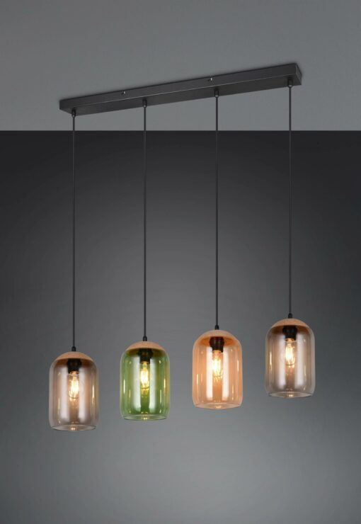 Κρεμαστό Φωτιστικό Ράγα με Μελί-Πράσινο-Φιμέ Γυαλί & Φελό CORK 4x E27 Trio Lighting – 364600417