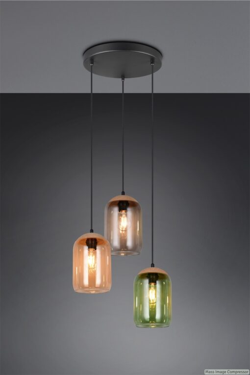 Κρεμαστό Φωτιστικό Ροζέτα με Μελί-Πράσινο-Φιμέ Γυαλί & Φελό CORK 3x E27 Trio Lighting – 364630317