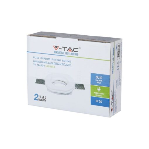 Στρογγυλή βάση γύψου GU10 V-TAC, 35W, IP20, συμβατή με σποτ GU10. Διέξοδος 220-240V, 50/60Hz, 2 έτη εγγύηση.