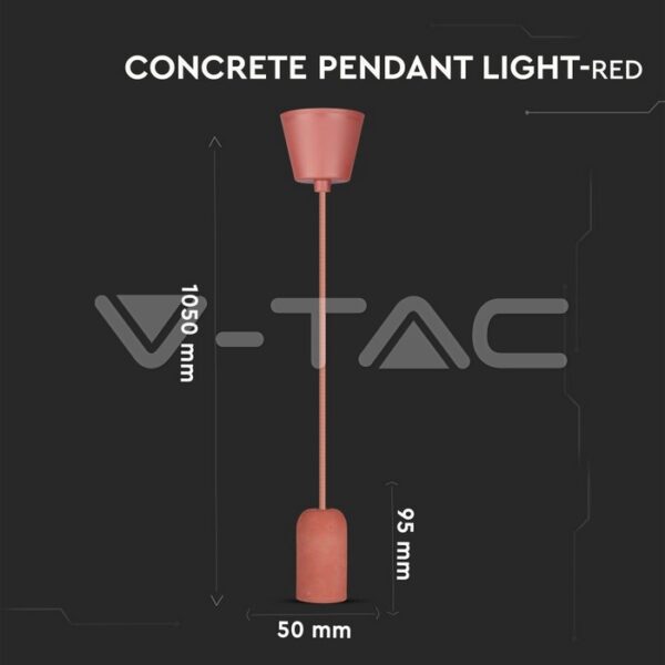 Κόκκινο τσιμεντένιο φωτιστικό V-TAC με καλώδιο 1050mm, διάμετρο 50mm και ύψος 95mm.