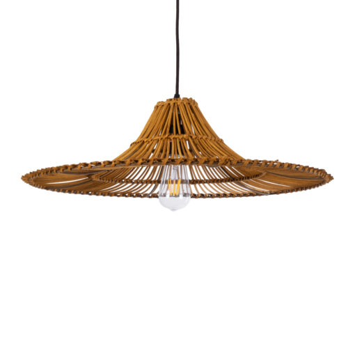 GloboStar® PALERMO 02310 Boho Κρεμαστό Φωτιστικό Οροφής Μονόφωτο 1 x E27 AC220-240V IP20 – Φ60 x Υ18cm – Μπεζ Καφέ Ξύλινο Μπαμπού Πλέγμα – 5 Χρόνια Εγγύηση