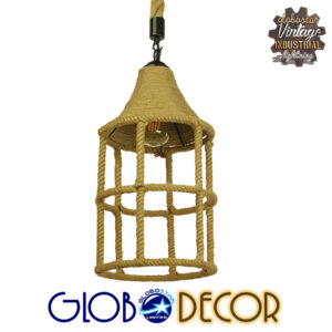 GloboStar® YUBA 01612 Vintage Κρεμαστό Φωτιστικό Οροφής Μονόφωτο 1 x E27 Πλέγμα με Μπεζ Σχοινί Φ22 x Υ40cm