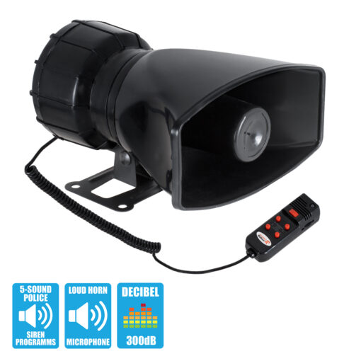 GloboStar® 85698 Τηλεβόας – Ντουντούκα – Σειρήνα – Κόρνα Αυτοκινήτου με 5 Προγράμματα Ήχητικών Εφέ Αστυνομίας – Πυροσβεστικής – Security με Μικρόφωνο – 100W 300db DC 12V Αδιάβροχο IP65