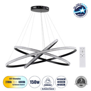 GloboStar® DIAMOND TRIO 61140-DECO Κρεμαστό Φωτιστικό Δαχτυλίδι-Κύκλος LED CCT 150W 18379lm 360° AC 220-240V – Εναλλαγή Φωτισμού μέσω Τηλεχειριστηρίου All In One Ψυχρό 6000k+Φυσικό 4500k+Θερμό 2700k Dimmable Φ60+80+100cm – Μαύρο – 3 Years Warranty