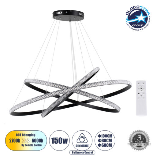 GloboStar® DIAMOND TRIO 61140-DECO Κρεμαστό Φωτιστικό Δαχτυλίδι-Κύκλος LED CCT 150W 18379lm 360° AC 220-240V – Εναλλαγή Φωτισμού μέσω Τηλεχειριστηρίου All In One Ψυχρό 6000k+Φυσικό 4500k+Θερμό 2700k Dimmable Φ60+80+100cm – Μαύρο – 3 Years Warranty