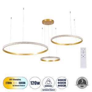 GloboStar® DIAMOND TRIO 61145 Κρεμαστό Φωτιστικό Δαχτυλίδι-Κύκλος LED CCT 120W 14723lm 360° AC 220-240V – Εναλλαγή Φωτισμού μέσω Τηλεχειριστηρίου All In One Ψυχρό 6000k+Φυσικό 4500k+Θερμό 2700k Dimmable Φ40+60+80cm – Χρυσό Βούρτσας – 3 Years Warranty