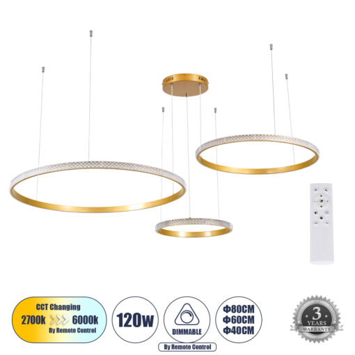 GloboStar® DIAMOND TRIO 61145 Κρεμαστό Φωτιστικό Δαχτυλίδι-Κύκλος LED CCT 120W 14723lm 360° AC 220-240V – Εναλλαγή Φωτισμού μέσω Τηλεχειριστηρίου All In One Ψυχρό 6000k+Φυσικό 4500k+Θερμό 2700k Dimmable Φ40+60+80cm – Χρυσό Βούρτσας – 3 Years Warranty