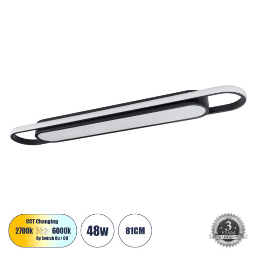 GloboStar® IGOR 61218 Φωτιστικό Οροφής Linear Design LED CCT 48W 5760lm 210° AC 220-240V – Εναλλαγή Φωτισμού μέσω Διακόπτη On/Off All In One Ψυχρό 6000k+Φυσικό 4500k+Θερμό 2700k Μ81 x Π13 x Υ4.5cm – Μαύρο – 3 Years Warranty