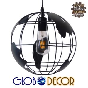 GloboStar® EARTH 01205 Vintage Industrial Κρεμαστό Φωτιστικό Οροφής Μονόφωτο Μαύρο Μεταλλικό Πλέγμα Φ30 x Υ30cm