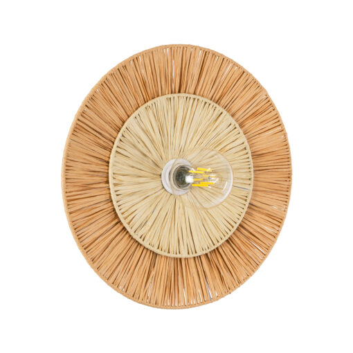 GloboStar® COLOMBO 02278 Boho Φωτιστικό Τοίχου – Απλίκα Μονόφωτο 1 x E27 AC 220-240V IP20 – Φ40 x Υ4.5cm – Μπεζ με Μπεζ Καφέ Φυσική Ράφια Άχυρο Πλέγμα – 5 Χρόνια Εγγύηση