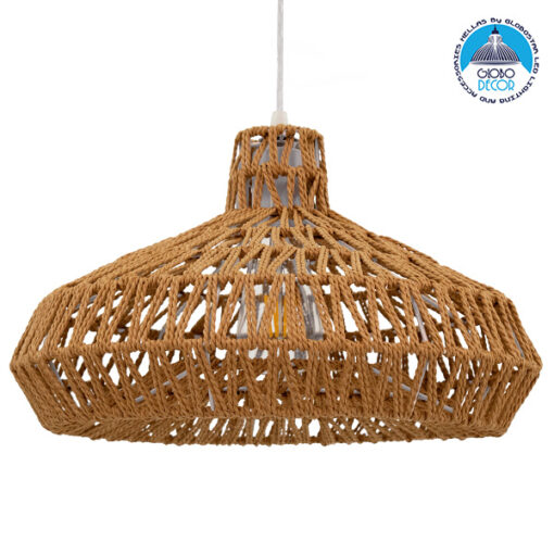 GloboStar® RAYNE 00910 Vintage Κρεμαστό Φωτιστικό Οροφής Μονόφωτο 1 x E27 Πλέγμα με Ανοιχτό Καφέ Σχοινί Φ38 x Y24cm