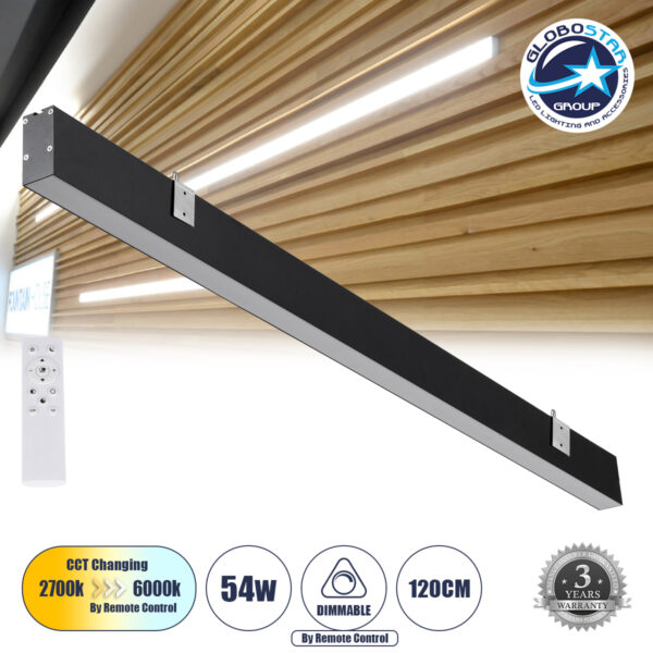 GloboStar® FELIX 61028-W Γραμμικό Φωτιστικό Τοίχου – Απλίκα Linear LED CCT 54W 6500lm 120° AC 220-240V Μ120 x Π3.5 x Υ7cm – Εναλλαγή Φωτισμού μέσω Τηλεχειριστηρίου All In One Ψυχρό 6000k+Φυσικό 4500k+Θερμό 2700k Dimmable – Μαύρο – 3 Years Warranty