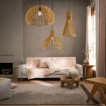 GloboStar® SCANDINAVIA 01698 Μοντέρνο Κρεμαστό Φωτιστικό Οροφής Μονόφωτο 1 x E27 Μπεζ Ξύλινο Πλέγμα Φ33 x Υ20cm