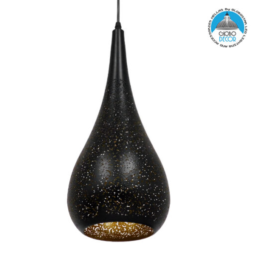 GloboStar® CORONA 01589 Μοντέρνο Κρεμαστό Φωτιστικό Οροφής Μονόφωτο 1 x E27 Μαύρο με Χρυσό Μεταλλικό Καμπάνα Φ20 x Υ46cm