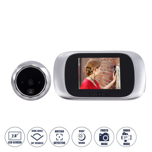 GloboStar® 86067 Επαναφορτιζόμενη Ψηφιακή Έξυπνη Camera Εξώπορτας 90° Μοιρών με Έγχρωμη Οθόνη 2.8″ Inches – USB – Νυχτερινή Όραση με LED IR – Κουδούνι – Ασημί