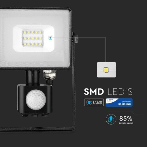 LED Προβολέας με Ανιχνευτή Κίνησης 10W V-TAC Samsung Chip Μαύρος IP65 Θερμό Λευκό 3000K – 436