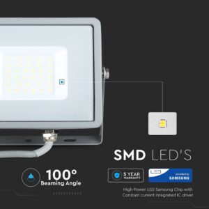 LED Προβολέας 30W V-TAC PRO Samsung Chip  100° 2400lm Γκρι Αδιάβροχος IP65 Φυσικό Λευκό 4000K – 455