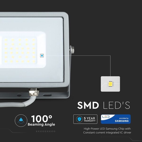LED Προβολέας 30W V-TAC PRO Samsung Chip  100° 2400lm Γκρι Αδιάβροχος IP65 Φυσικό Λευκό 4000K – 455