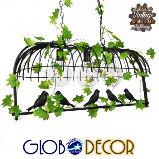 GloboStar® JUDE 01646 Vintage Industrial Κρεμαστό Φωτιστικό Οροφής Τρίφωτο 3 x E27 Μαύρο Μεταλλικό Πλέγμα Μ85.5 x Π37.5 x Y38cm