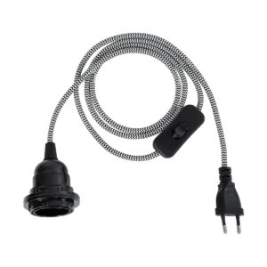 GloboStar® 77668 Μοντέρνο Κρεμαστό Φωτιστικό Whip Μονόφωτο 1 x E27 με Μαύρο Διακόπτη – Μαύρο Ντουί E27 – Μαύρη Ροδέλα για Καπέλο – Μαύρη Πρίζα και Άσπρο Μαύρο Υφασμάτινο Καλώδιο Φ5.8 x Υ140cm