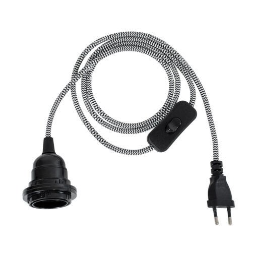 GloboStar® 77668 Μοντέρνο Κρεμαστό Φωτιστικό Whip Μονόφωτο 1 x E27 με Μαύρο Διακόπτη – Μαύρο Ντουί E27 – Μαύρη Ροδέλα για Καπέλο – Μαύρη Πρίζα και Άσπρο Μαύρο Υφασμάτινο Καλώδιο Φ5.8 x Υ140cm