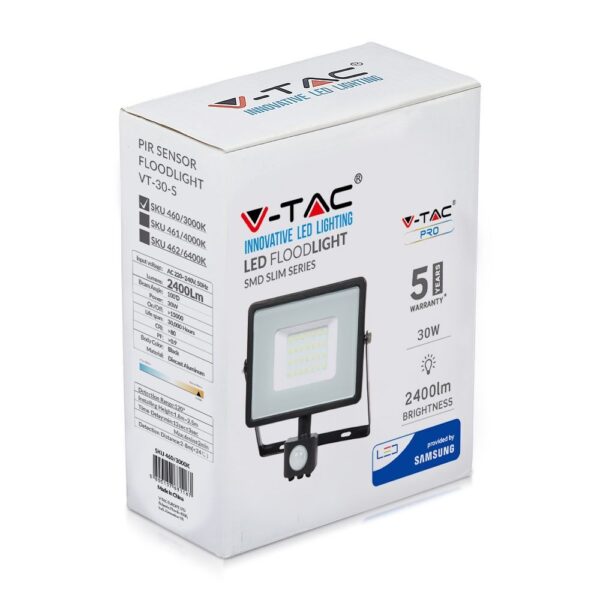 LED Προβολέας με Ανιχνευτή Κίνησης 30W V-TAC PRO Samsung Chip 100° 2400lm Μαύρος IP65 Θερμό Λευκό 3000K – 460