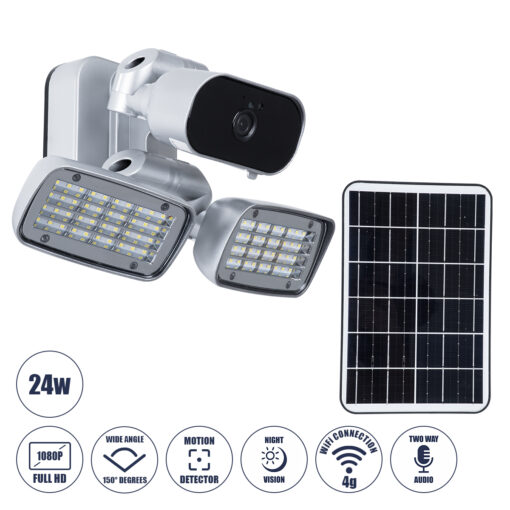 GloboStar® 86045 Αυτόνομος Ηλιακός Προβολέας LED SMD 24W 1200lm με IP Camera 1080P 2MP 4G SIM CARD WiFi 150° Ενσωματωμένη Μπαταρία 3200mAh Φωτοβολταϊκό Πάνελ Αισθητήρα Ημέρας-Νύχτας & Ρύθμιση Χρόνου Ανάμματος Αδιάβροχος IP66 Ψυχρό Λευκό 6000K – Ασημί