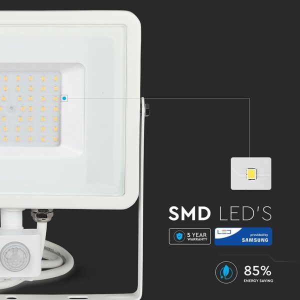 LED Προβολέας με Ανιχνευτή Κίνησης 50W V-TAC PRO Samsung Chip 100° 4000lm Λευκός IP65 Θερμό Λευκό 3000K – 466