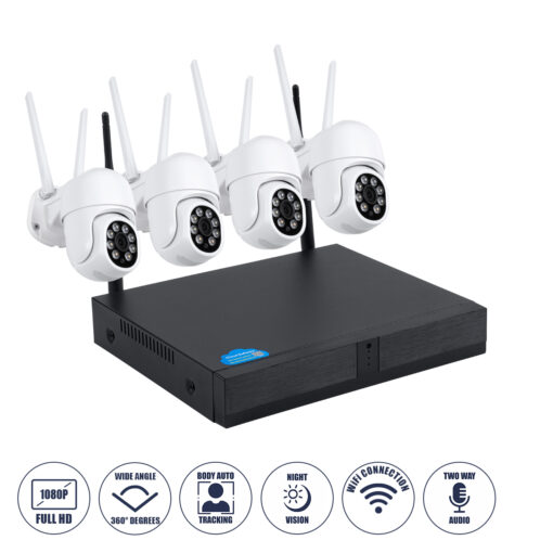 GloboStar® 86039 Ασύρματο Καταγραφικό με 4 x Camera 2MP 1080P WiFi  360° Μοιρών – Αδιάβροχο IP66 – Νυχτερινή Όραση με LED IR – Διπλή Κατέυθυνση Ομιλίας – Ανιχνευτή Κίνησης – Νυχτερινή Λήψη – Λευκό