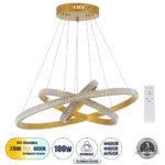 GloboStar® DIAMOND TRIO 61137-DECO Κρεμαστό Φωτιστικό Δαχτυλίδι-Κύκλος LED CCT 100W 12123lm 360° AC 220-240V – Εναλλαγή Φωτισμού μέσω Τηλεχειριστηρίου All In One Ψυχρό 6000k+Φυσικό 4500k+Θερμό 2700k Dimmable Φ25+40+60cm – Χρυσό Βούρτσας – 3 Years Warranty