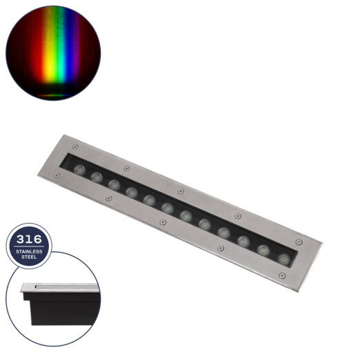 GloboStar® UNDERGROUND-REMVI 90193 Χωνευτό Φωτιστικό Wall Washer Δαπέδου LED 12W 1020lm 10° DC 24V Αδιάβροχο IP68 L50 x W9 x H7.2cm RGBW DMX512 – Ανοξείδωτο Ατσάλι – 3 Years Warranty