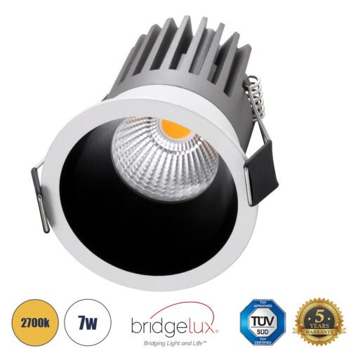 GloboStar® MICRO-B 60241 Χωνευτό LED Spot Downlight TrimLess Φ6cm 7W 875lm 38° AC 220-240V IP20 Φ6 x Υ7.8cm – Στρόγγυλο – Λευκό με Μαύρο Κάτοπτρο – Θερμό Λευκό 2700K – Bridgelux COB – 5 Years Warranty