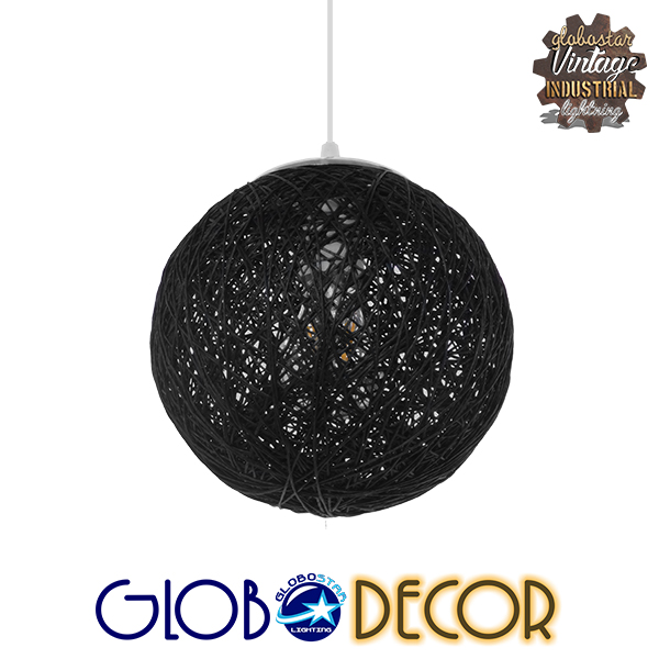 GloboStar® OCEANA 01356 Vintage Κρεμαστό Φωτιστικό Οροφής Μονόφωτο 1 x E27 Μαύρο Ξύλινο Ψάθινο Rattan Φ20 x Υ20cm